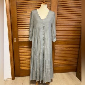 In Loom Blue Gray Maxi Dress with Buttons Front